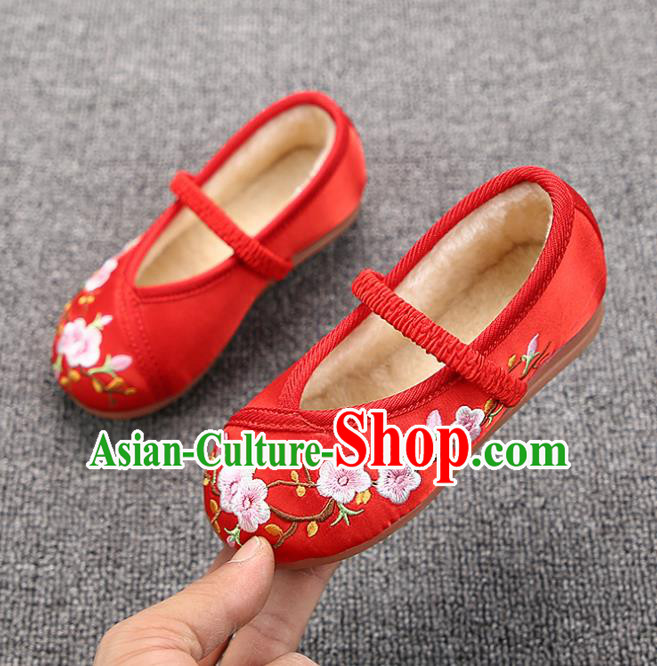 Chinese Handmade Embroidered Red Satin Shoes Traditional Hanfu Shoes National Shoes for Kids