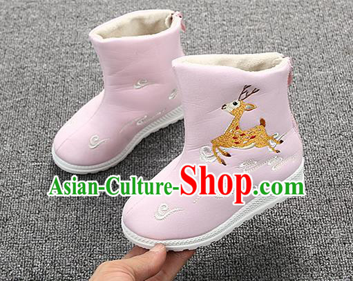 Chinese Handmade Winter Embroidered Deer Pink Boots Traditional Hanfu Shoes National Shoes for Kids