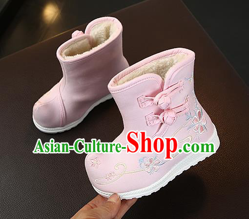 Chinese Handmade Winter Embroidered Pink Boots Traditional Hanfu Shoes National Shoes for Kids