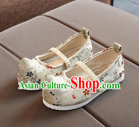 Chinese Handmade White Brocade Shoes Traditional Hanfu Shoes National Shoes for Kids