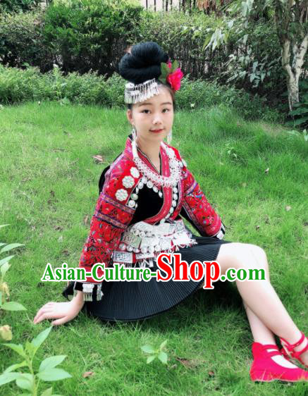 Chinese Traditional Miao Nationality Embroidered Costume Ethnic Folk Dance Dress for Women