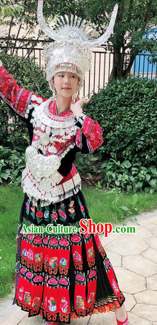 Chinese Traditional Miao Nationality Embroidered Red Costume Ethnic Folk Dance Dress for Women