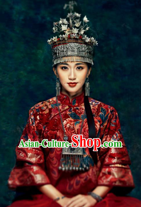Chinese Traditional Handmade Miao Nationality Bride Hat Ethnic Wedding Hair Accessories for Women