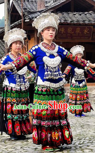 Chinese Traditional Miao Nationality Embroidered Costume Ethnic Folk Dance Dress and Hat for Women