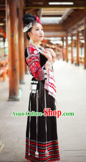 Chinese Traditional Miao Nationality Embroidered Costume Ethnic Folk Dance Black Dress for Women