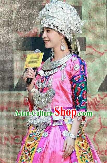 Chinese Traditional Miao Nationality Embroidered Pink Dress Ethnic Folk Dance Costume and Headwear for Women