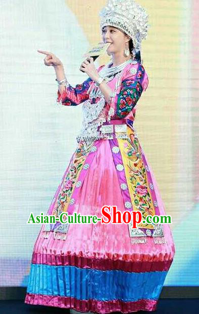 Chinese Traditional Miao Nationality Embroidered Pink Dress Ethnic Folk Dance Costume and Headwear for Women
