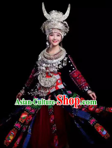 Chinese Traditional Miao Nationality Embroidered Dress Ethnic Folk Dance Costume for Women