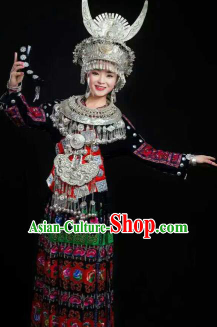 Chinese Traditional Miao Nationality Embroidered Dress Ethnic Folk Dance Costume for Women