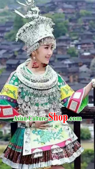 Chinese Traditional Miao Nationality Embroidered Green Dress Ethnic Folk Dance Costume and Headwear for Women