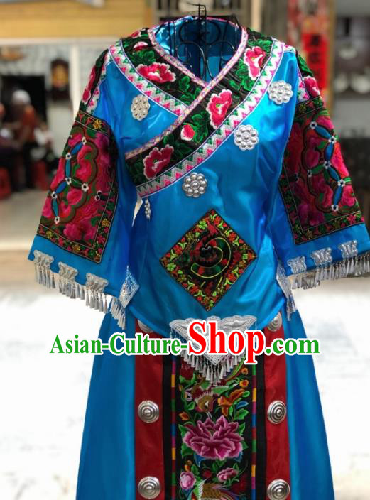 Chinese Traditional Miao Nationality Bride Embroidered Blue Dress Ethnic Folk Dance Costume for Women