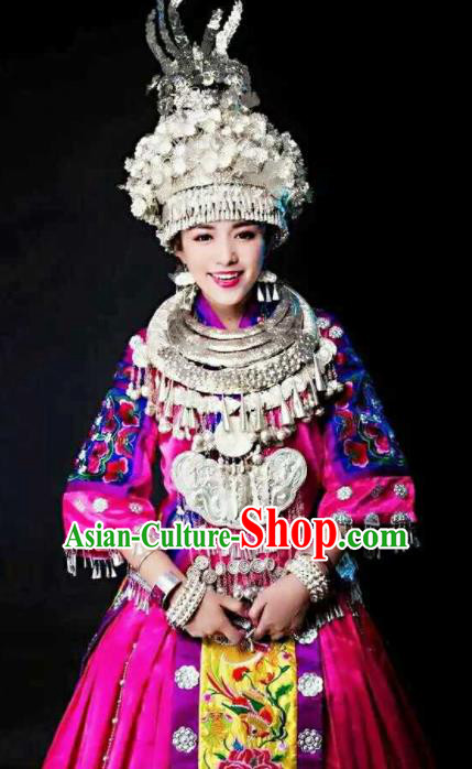 Chinese Traditional Miao Nationality Bride Embroidered Rosy Dress Ethnic Folk Dance Costume and Headwear for Women