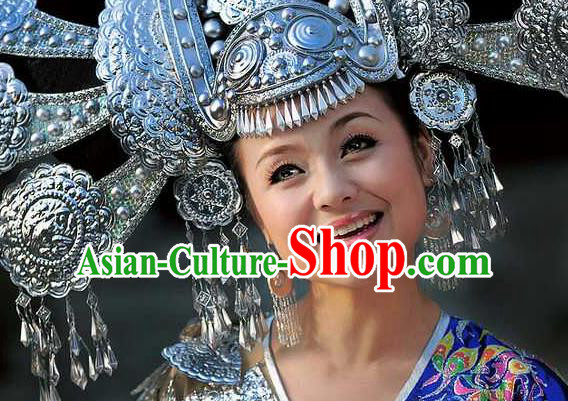 Chinese Traditional Handmade Miao Nationality Bride Hair Crown Silver Hairpins Ethnic Wedding Hair Accessories for Women