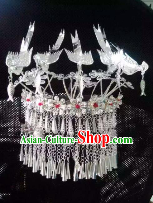 Chinese Traditional Handmade Miao Nationality Five Birds Hair Crown Silver Hairpins Ethnic Wedding Hair Accessories for Women