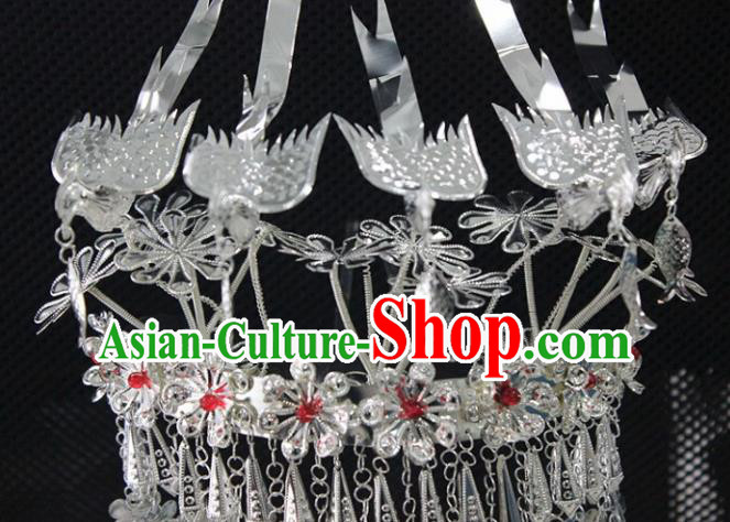 Chinese Traditional Handmade Miao Nationality Five Birds Hair Crown Silver Hairpins Ethnic Wedding Hair Accessories for Women