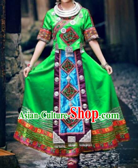 Chinese Traditional Miao Nationality Bride Embroidered Green Dress Ethnic Folk Dance Costume for Women