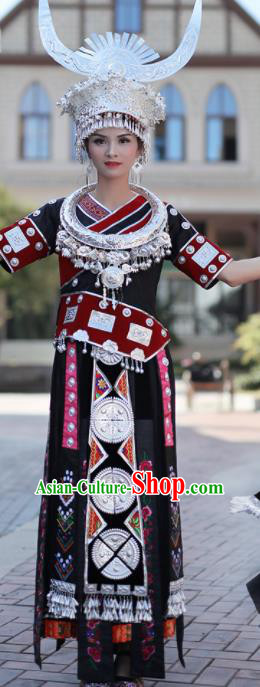 Chinese Traditional Miao Nationality Embroidered Black Dress and Headpiece Ethnic Folk Dance Costume for Women