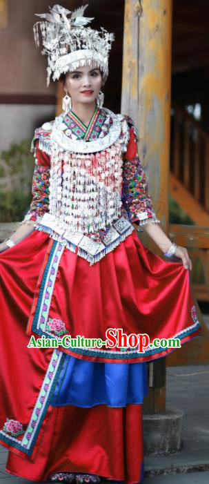 Chinese Traditional Miao Nationality Embroidered Red Dress and Headpiece Ethnic Folk Dance Costume for Women