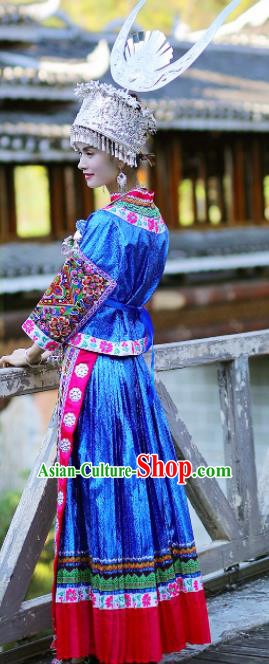 Chinese Traditional Tujia Nationality Wedding Embroidered Royalblue Dress and Headpiece Ethnic Folk Dance Costume for Women
