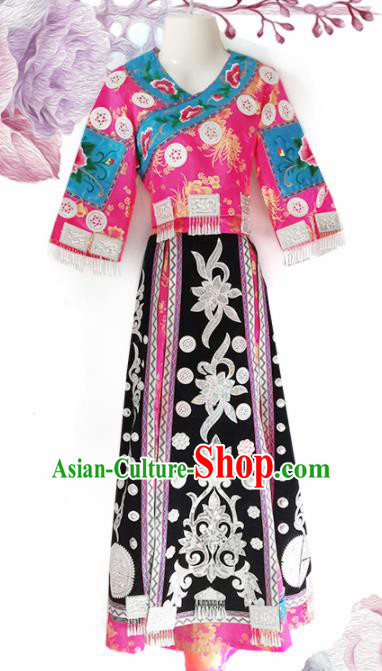 Chinese Traditional Guizhou Miao Nationality Wedding Embroidered Pink Dress Ethnic Folk Dance Costume for Women