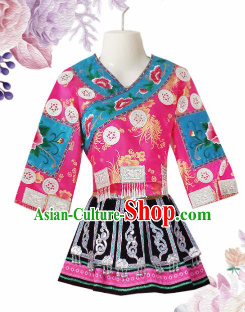Chinese Traditional Guizhou Miao Nationality Wedding Embroidered Pink Short Dress Ethnic Folk Dance Costume for Women