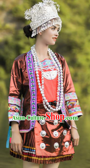 Chinese Traditional Dong Nationality Wedding Embroidered Brown Short Dress Ethnic Folk Dance Costume for Women