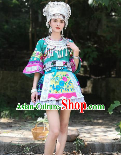 Chinese Traditional Xiangxi Miao Nationality Embroidered Green Short Dress Ethnic Folk Dance Costume and Headpiece for Women