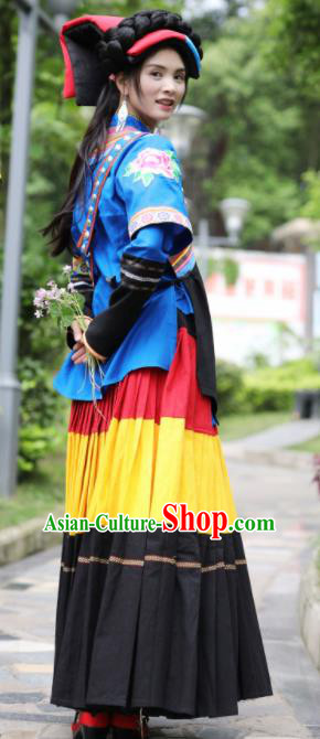 Chinese Traditional Yi Nationality Torch Festival Dress Ethnic Folk Dance Costume and Headpiece for Women