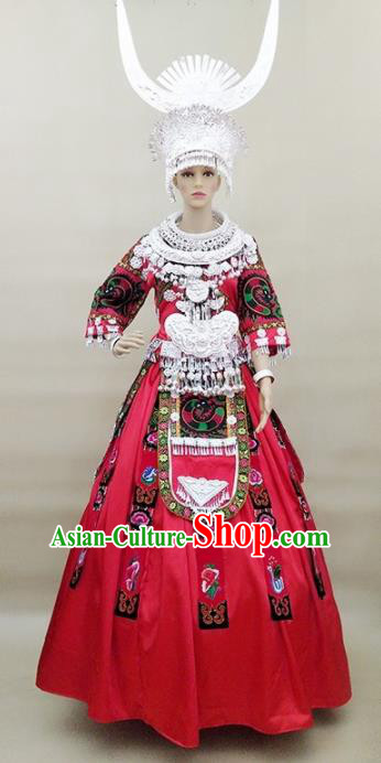 Chinese Traditional Miao Nationality Festival Rosy Dress Ethnic Folk Dance Costume and Headpiece for Women