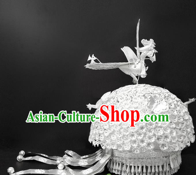 Chinese Traditional Handmade Miao Nationality Silver Phoenix Hair Crown Ethnic Wedding Hat Hair Accessories for Women
