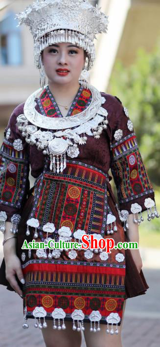 Chinese Traditional Miao Nationality Embroidered Brown Short Dress Ethnic Folk Dance Costume for Women