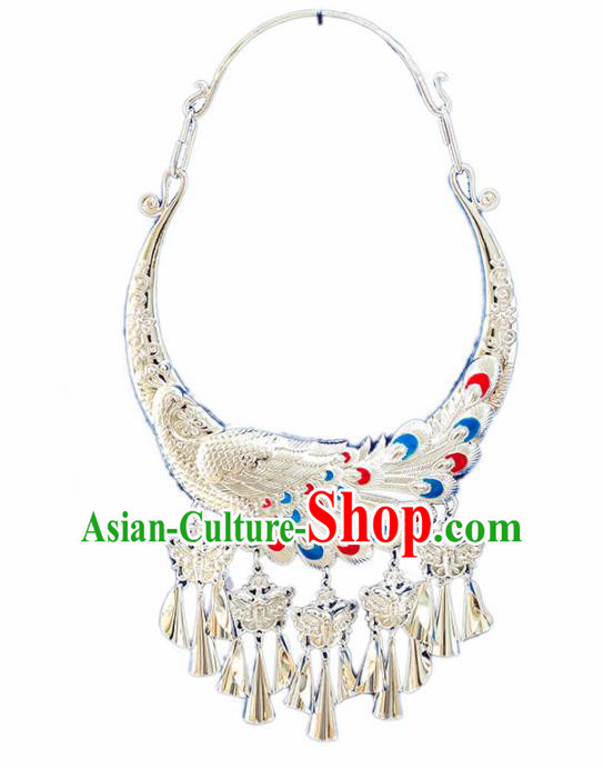 Chinese Handmade Traditional Miao Nationality Sliver Carving Peacock Necklace Ethnic Wedding Bride Accessories for Women