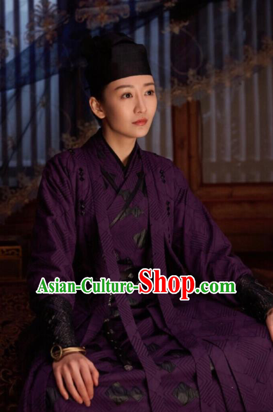 Chinese Ancient Female Swordsman Su Shunqing Purple Dress Drama Novoland Eagle Flag Wang Ou Replica Costumes and Hat for Women