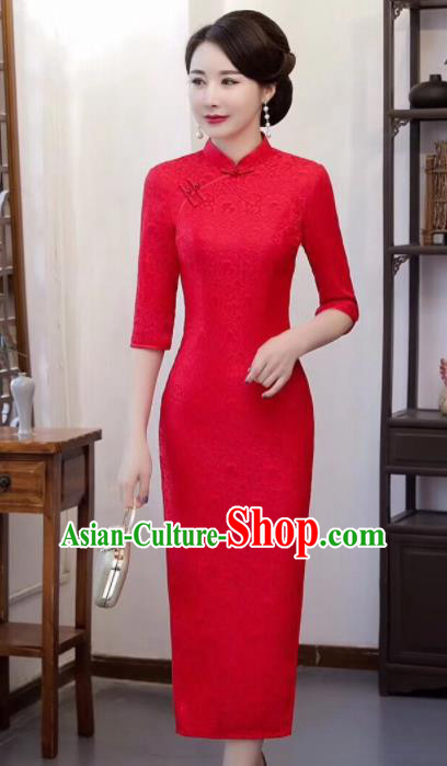 Chinese Traditional Qiapo Dress Red Lace Cheongsam National Costumes for Women