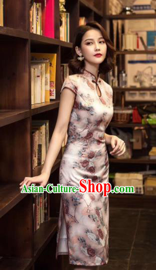 Chinese Traditional Qipao Dress Bride Printing Roses Pink Cheongsam National Costumes for Women