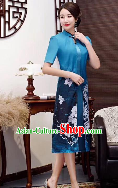 Chinese Traditional Qiapo Dress Bride Mother Blue Cheongsam National Costumes for Women