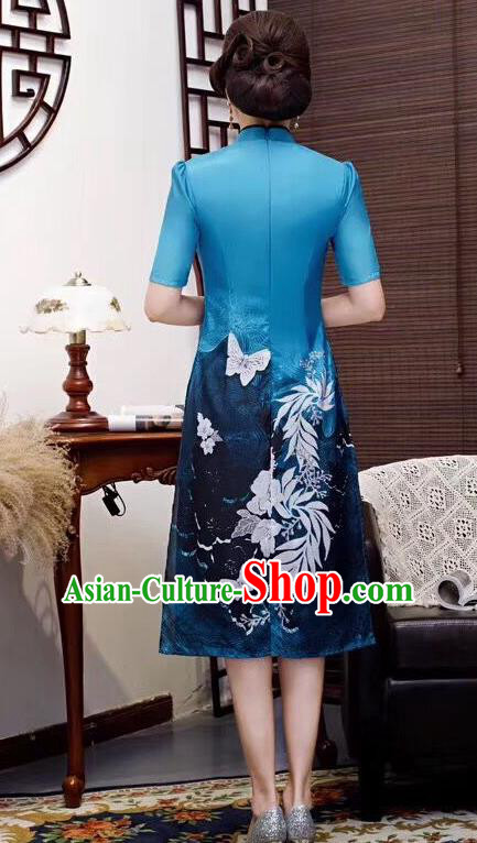Chinese Traditional Qiapo Dress Bride Mother Blue Cheongsam National Costumes for Women
