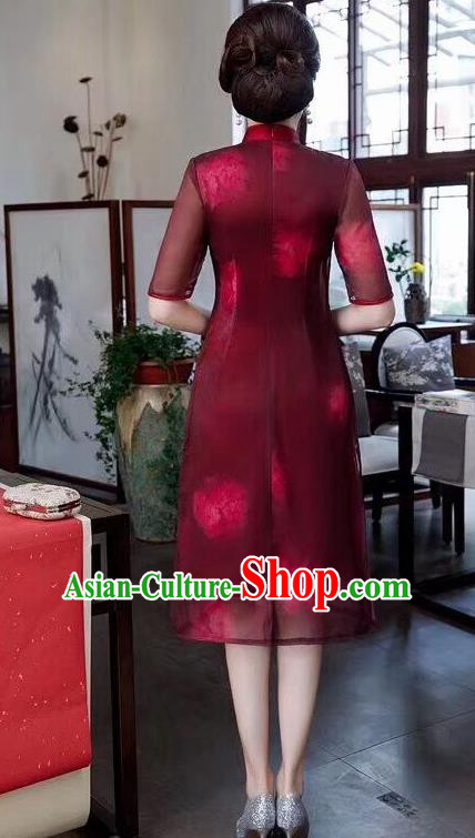 Chinese Traditional Qiapo Dress Bride Mother Wine Red Cheongsam National Costumes for Women
