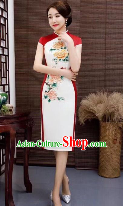 Chinese Traditional Qiapo Dress Printing Peony White Cheongsam National Costumes for Women