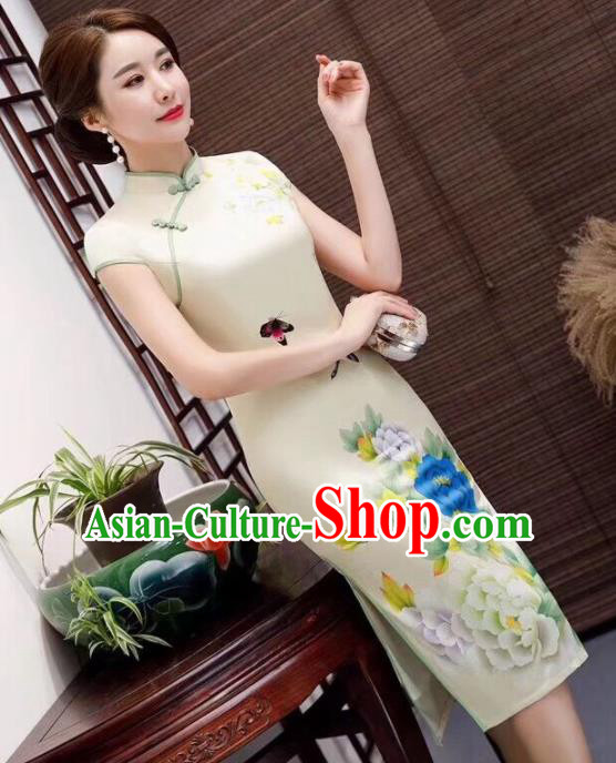 Chinese Traditional Qiapo Dress Printing Peony Light Yellow Cheongsam National Costumes for Women