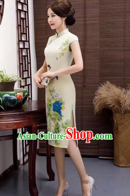 Chinese Traditional Qiapo Dress Printing Peony Light Yellow Cheongsam National Costumes for Women