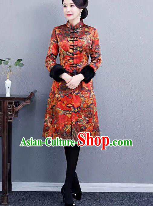 Chinese Traditional Mother Red Coat National Costume Tang Suit Cotton Wadded Jacket for Women