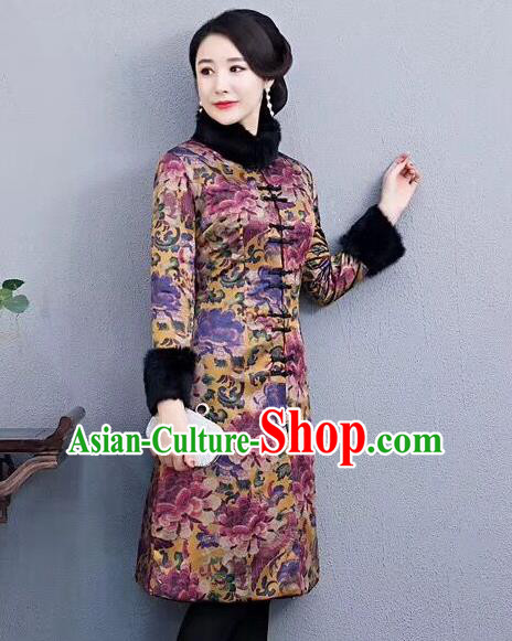 Chinese Traditional Mother Purple Coat National Costume Tang Suit Cotton Wadded Jacket for Women