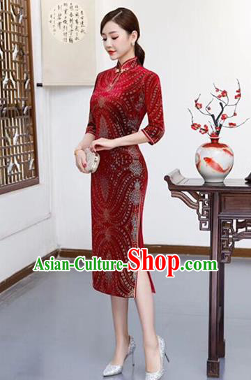 Chinese Traditional Qipao Dress Red Velvet Cheongsam National Costumes for Women
