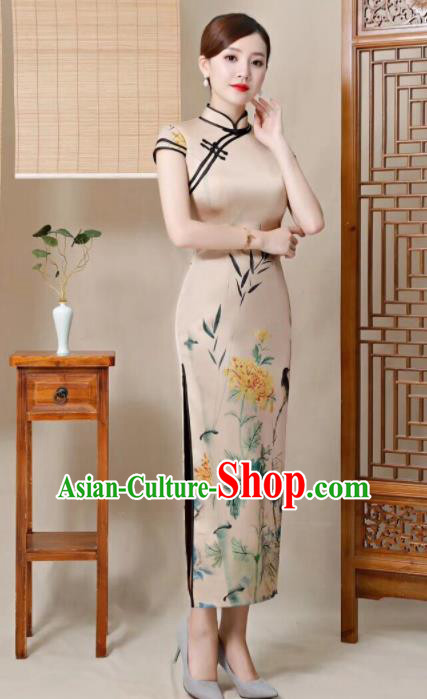 Chinese Traditional Qiapo Dress Printing Khaki Cheongsam National Costume for Women