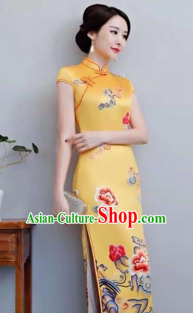 Chinese Traditional Qiapo Dress Printing Peony Yellow Cheongsam National Costume for Women