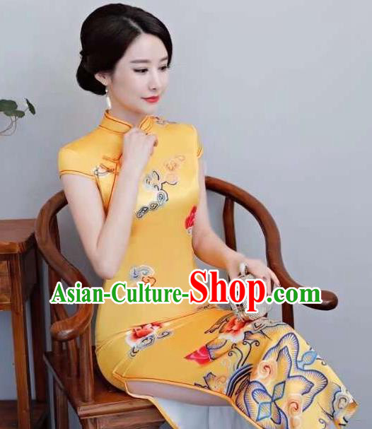 Chinese Traditional Qiapo Dress Printing Peony Yellow Cheongsam National Costume for Women