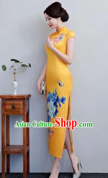 Chinese Traditional Long Qipao Dress Printing Peony Yellow Cheongsam National Costume for Women