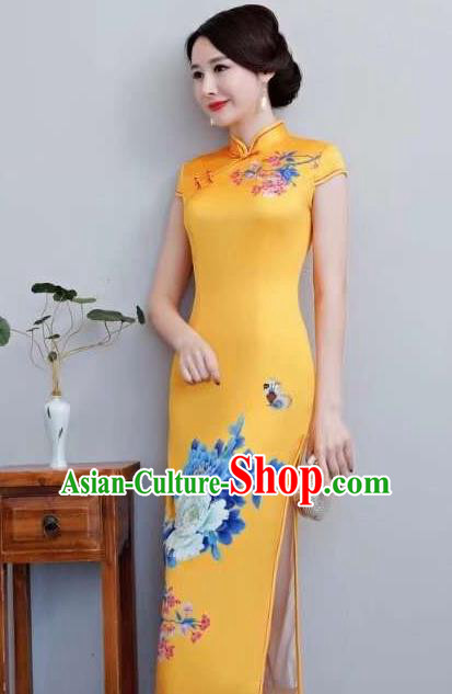Chinese Traditional Long Qiapo Dress Printing Peony Yellow Cheongsam National Costume for Women