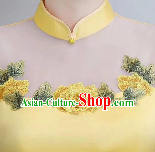 Chinese Traditional Long Qiapo Dress Embroidered Yellow Cheongsam National Costume for Women